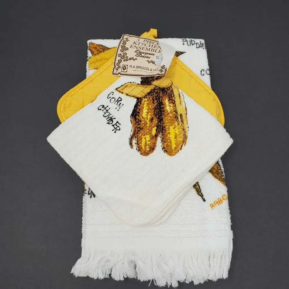 R.A. Briggs & Co 3 Pc Kitchen Ensemble of Corn themed kitchen Linens
